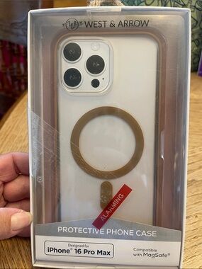 White Phone Case with Gold MagSafe Ring for iPhone 16 Pro Max